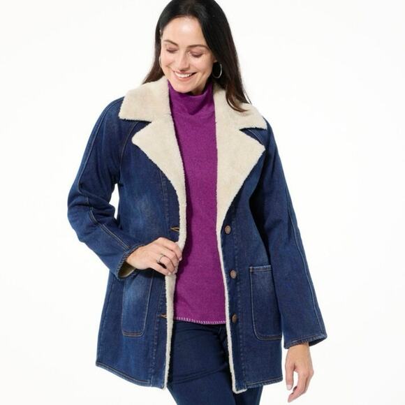 DG2 Diane Gilman Vtg Style Denim Sherpa Coat Size L P Indigo Blue 70s Trucker - Picture 7 of 8